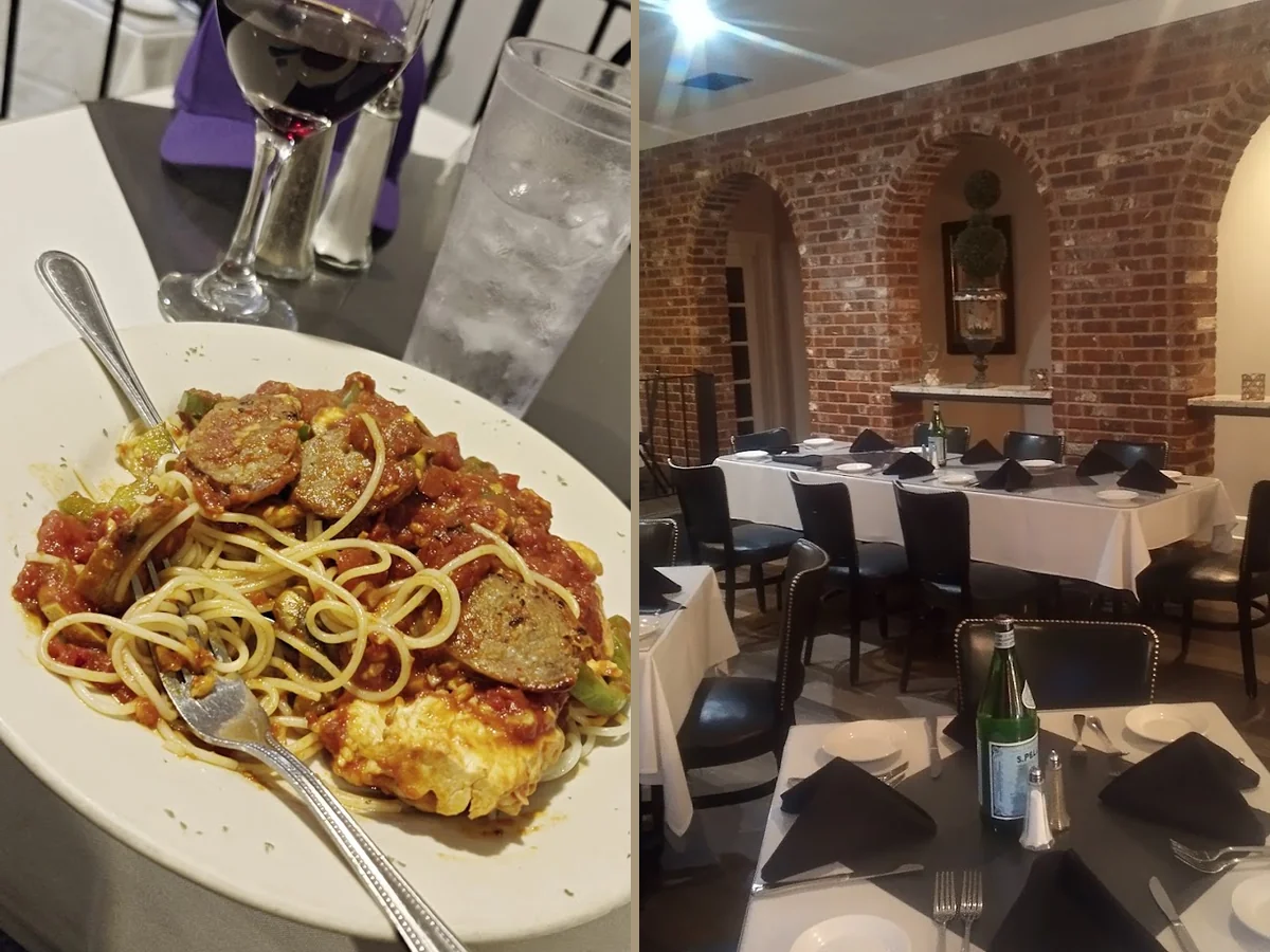 Set tables inside a relaxed pasta restaurant.