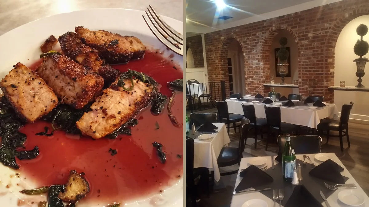 Italian restaurant interior with cozy seating and soft lighting.