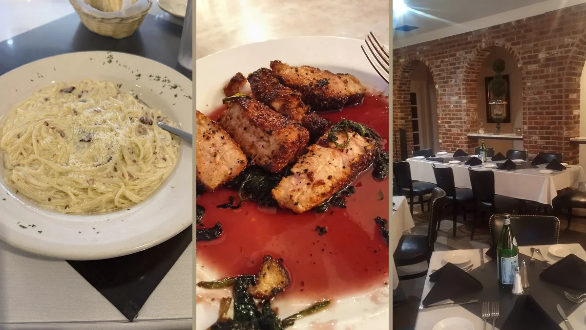 Set tables inside a relaxed pasta restaurant.
