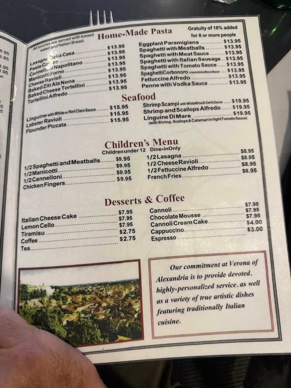 Printed menu with Italian appetizers and entrees.