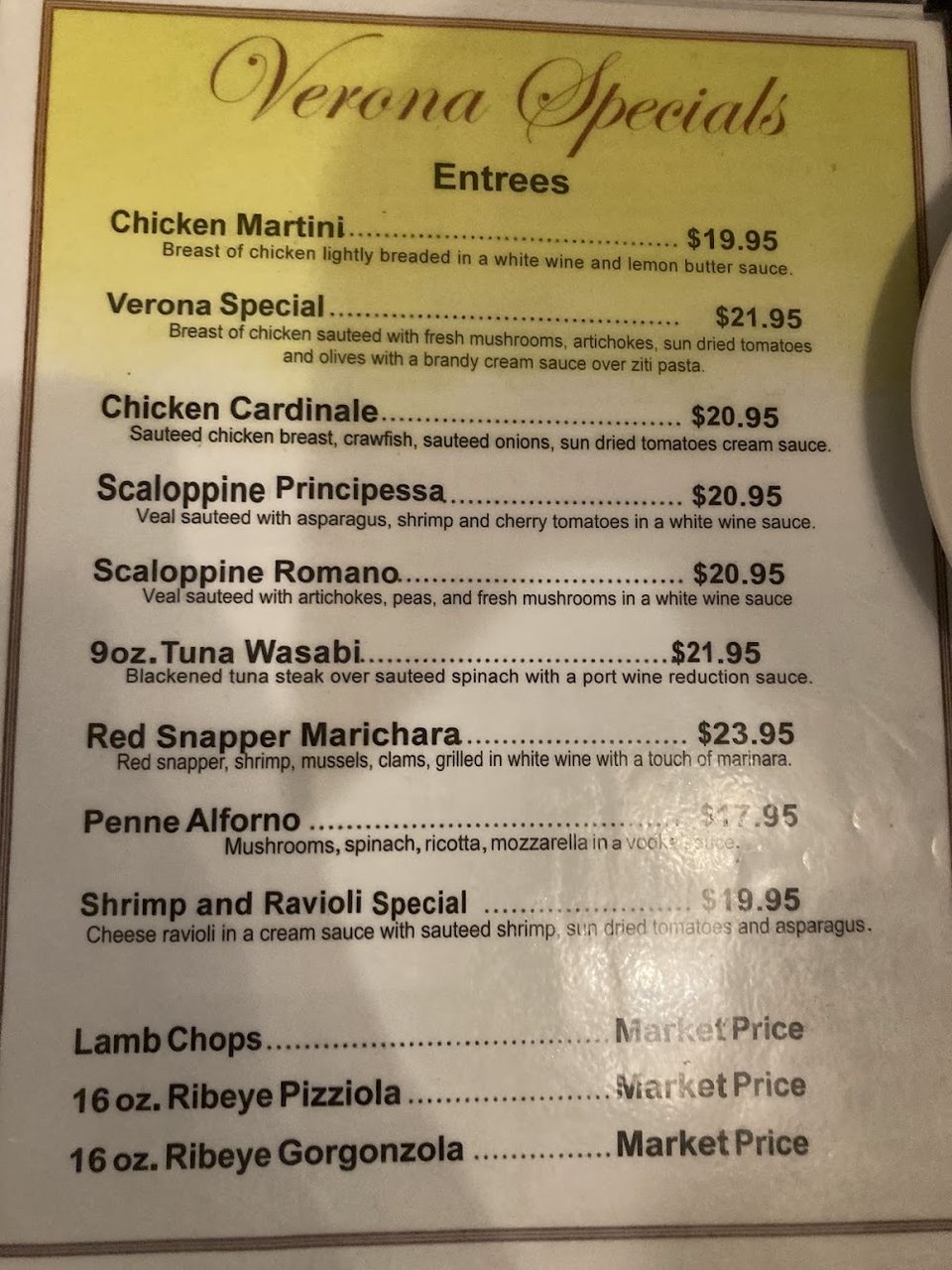 Menu page featuring pasta, salads, and chicken dishes.
