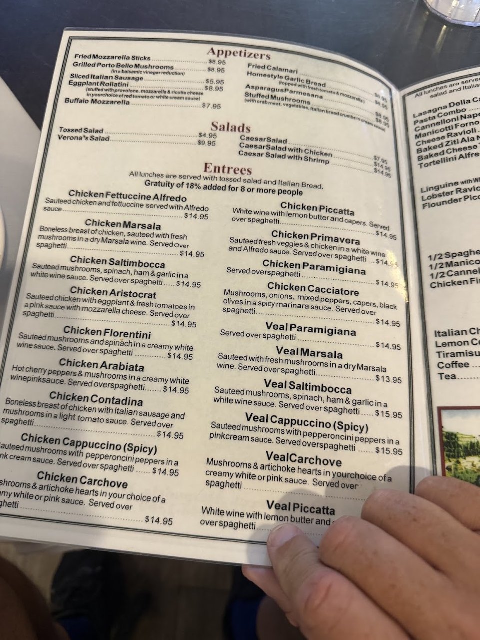Restaurant menu showing classic Italian selections.