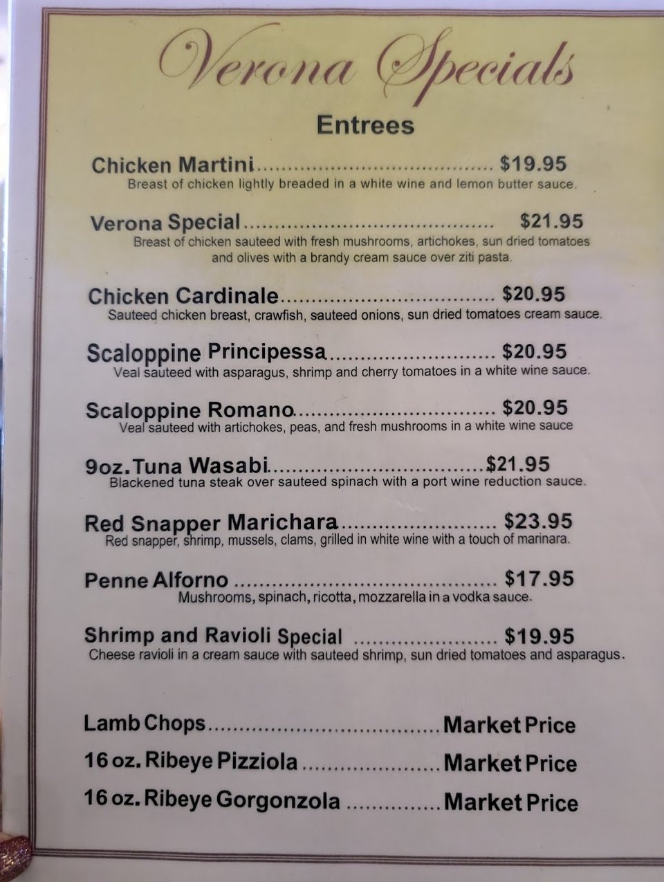 Menu layout with pasta dishes and appetizers.
